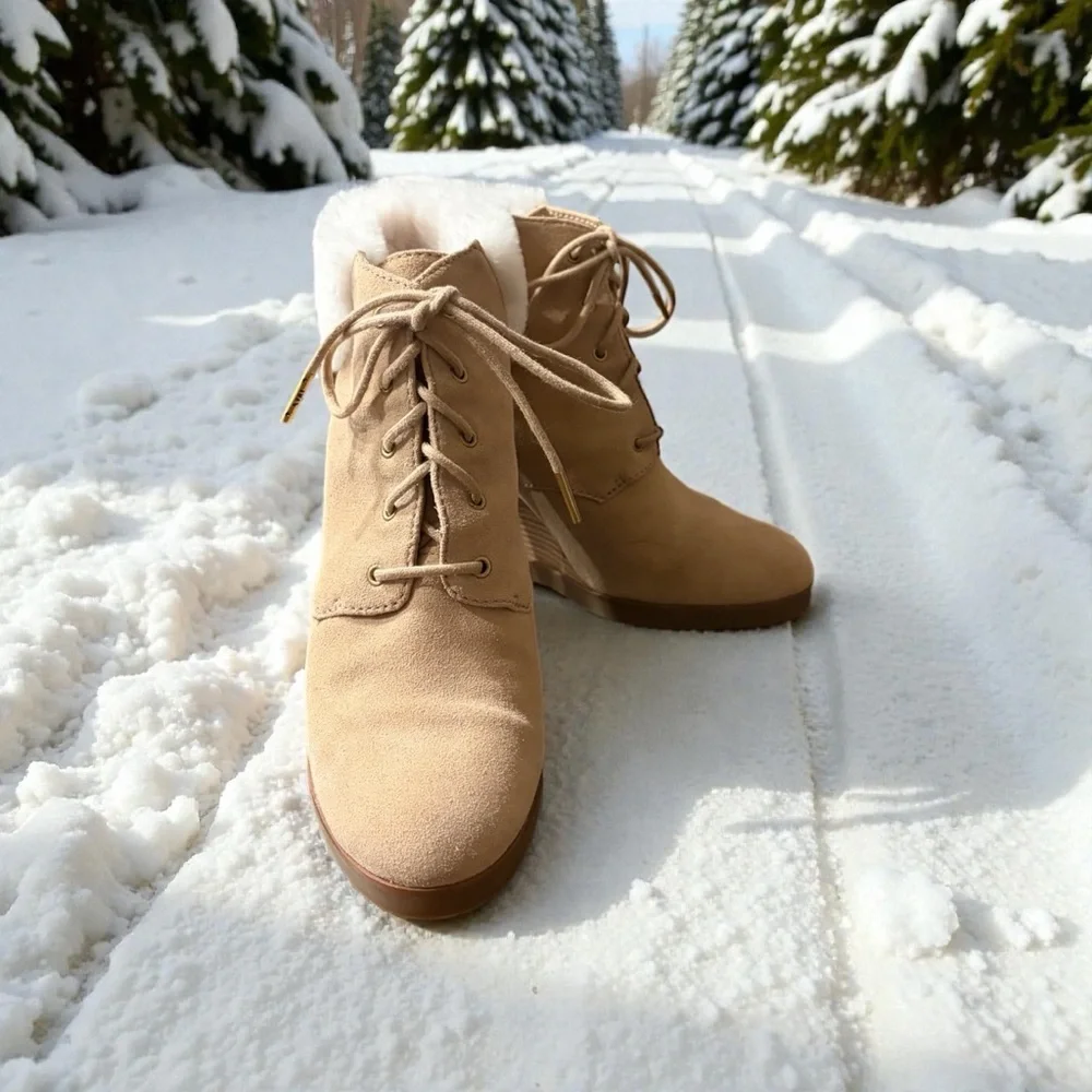 Michael Kors Carrigan Shearling Tan Suede Leather Women's Wedge Ankle Boots